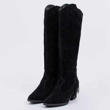Marrocos - Bota Feminina Cano Alto Salto Bloco Franjas Preto