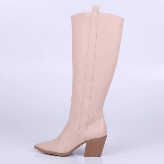 Nati - Bota Feminina Texana Cano Longo Bico Fino Salto Grosso Amêndoa