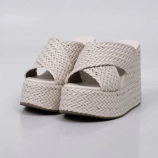 Dubai - Tamanco Anabela Feminino Plataforma Trançado Off-white