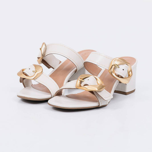 Sierra - Tamanco Feminina Fivela Dourada Salto Bloco Off-white