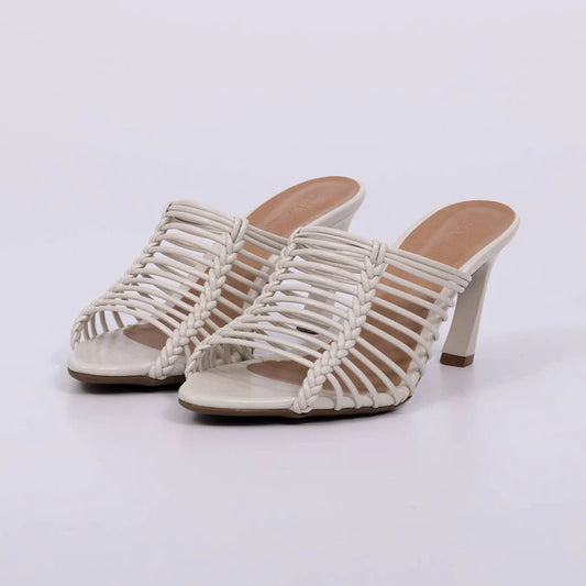Klara - Tamanco Feminino Salto Alto Tiras Off White