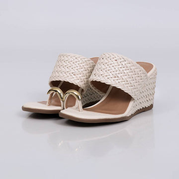 Belga - Tamanco Anabela Feminino Tira Trançada Dourado Off-white