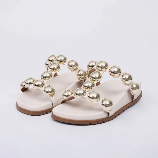 Maya - Papete Feminina Bico Redondo Aplicação em Bolas Off-White