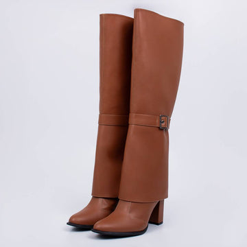 Elisa - Bota Feminina Dobrada Bico Redondo Salto Grosso Cano Longo Caramelo
