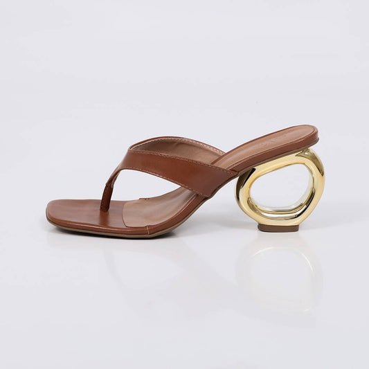 Lexa - Tamanco Feminino Salto Redondo Dourado Caramelo