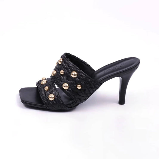 Maldivas - Tamanco Feminino Bico Quadrado Aplicação Palha Preto