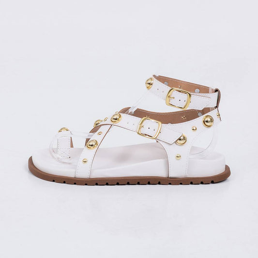 Bela - Sandália Feminina Tiras com Tachas Fivelas Branco