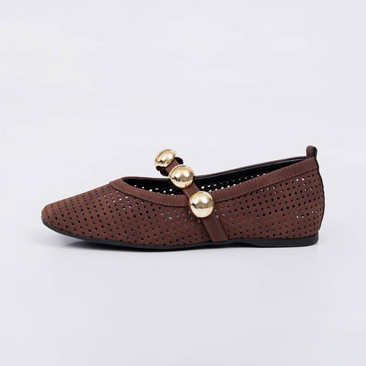Gaya - Sapatilha Feminina Vazado Tira Esferas Douradas Marrom