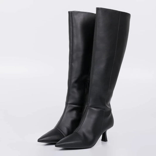 Nápoles - Bota Feminina Bico Fino Salto Taça Cano Alto Preta