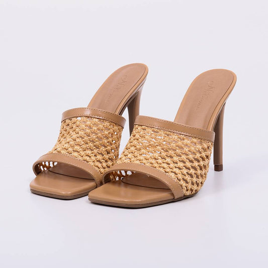 Elen - Tamanco Feminino Salto Alto Trama Trabalhada Palha