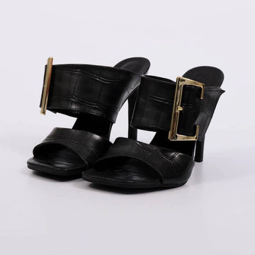 Zury - Tamanco Elegante Feminino Salto Alto MuleFivela Preto