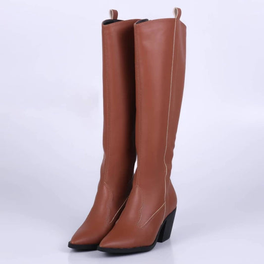Nati - Bota Feminina Texana Cano Longo Bico Fino Salto Grosso Caramelo