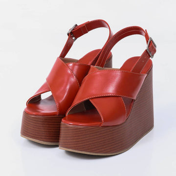 Serena - Sandália Feminina Anabela Plataforma Vermelho Terroso