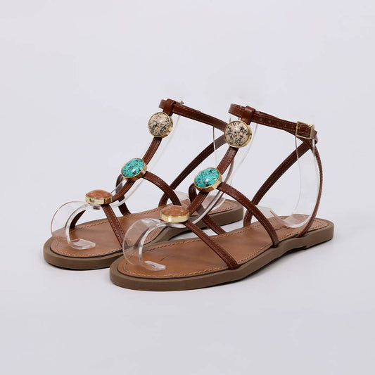 Beatrice - Sandália Feminina Rasteira Aplicações Pedras Caramelo