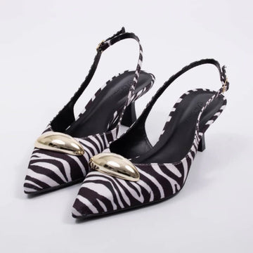 Milano - Scarpin Feminino Bico Fino Aplicação Slingback Zebra