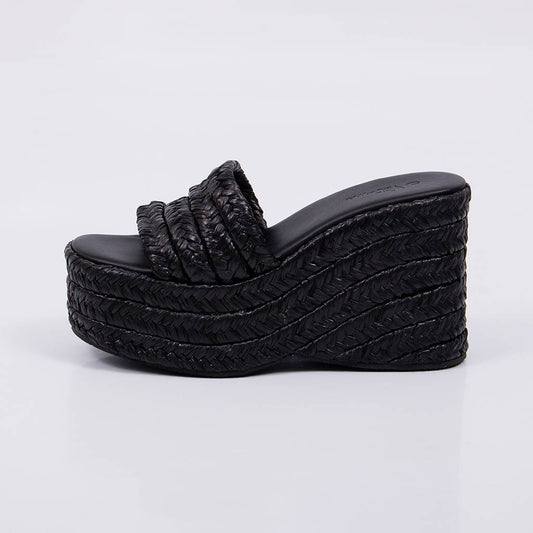 Maitê - Tamanco Feminino Anabela Plataforma Tiras Palha Preto