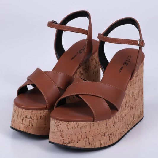 Lisboa - Sandália Anabela Feminina Plataforma Bico Redondo Caramelo