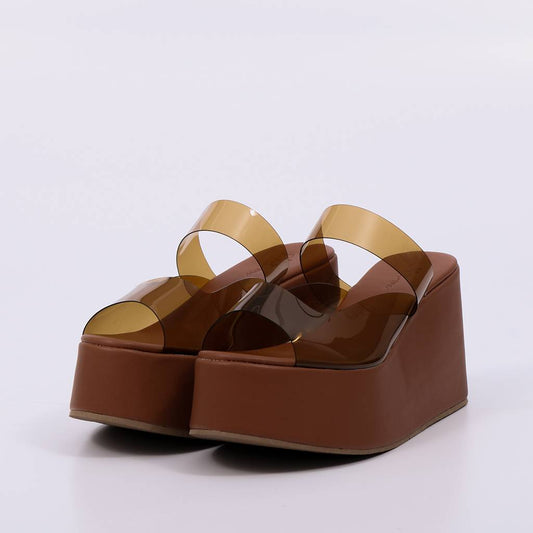 Maldivas - Tamanco Feminino Plataforma Alta Vinil Caramelo