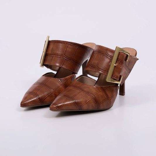 Dominique - Mule Feminino Salto Fino Com Fivela Caramelo