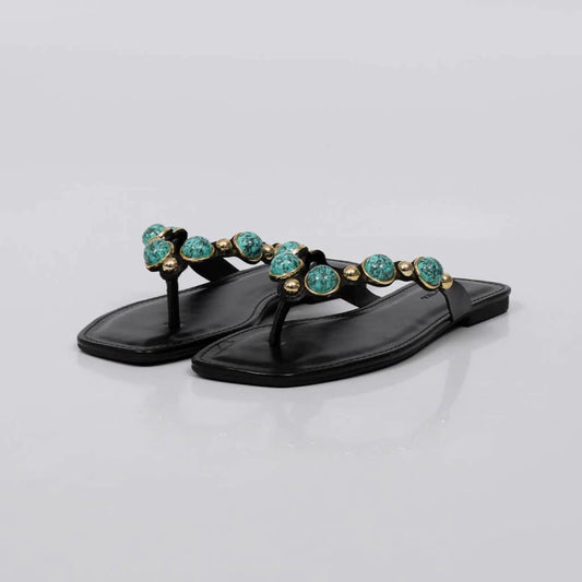 Mabel - Rasteira Feminina Dedo Aplicação Azul Preto