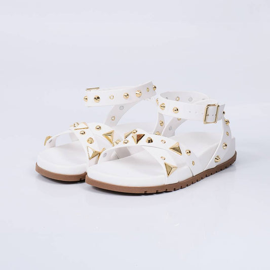 Valen - Papete Feminina Tiras Aplicação Fivela Dourada Branco