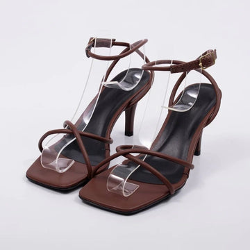 Blend - Sandália Feminina Bico Quadrado Tiras Finas Fivela Marrom