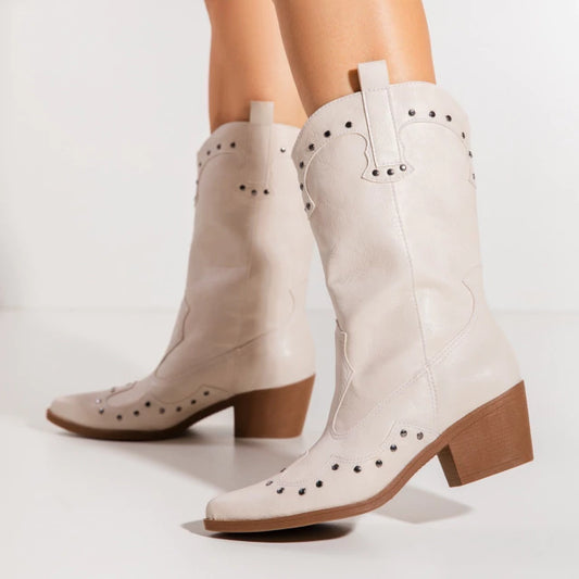 Lorena - Bota Feminina Texana Country Cano Médio Aplicação Off White