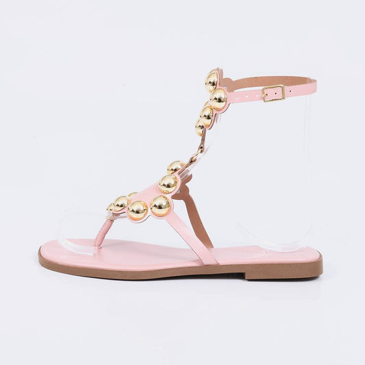 Nice - Sandália Rasteira Feminina Esferas Douradas Rosa