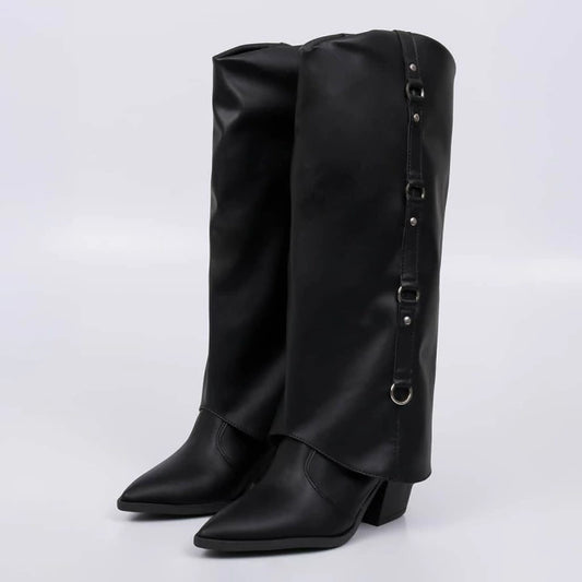 Arizona - Bota Feminina Aplicação Cano Dobrado Preta