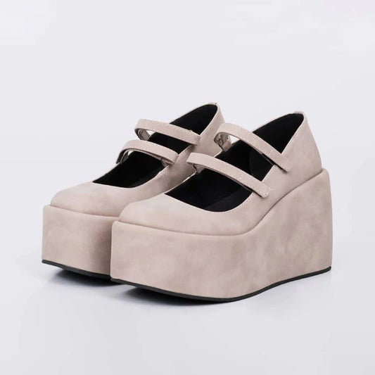 Lolita - Sapato Feminino Plataforma Camurça Bico Redondo Cinza