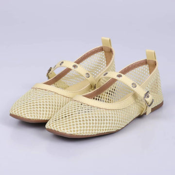 Dora - Sapatilha Feminina Bico Quadrado Fivela Tela Amarela