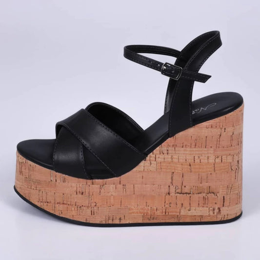 Lisboa - Sandália Anabela Feminina Plataforma Bico Redondo Preta