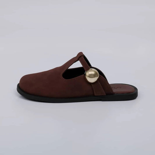 Selene - Mule Feminino Camurça Aplicação Dourada Marrom
