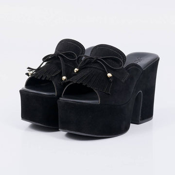 Mantra - Tamanco Feminino Meia Pata Salto Alto Franjas Preto