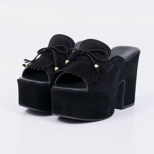 Mantra - Tamanco Feminino Meia Pata Salto Alto Franjas Preto
