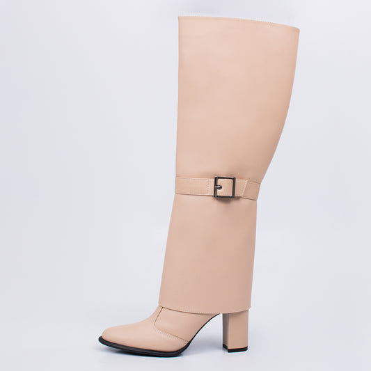 Elisa - Bota Feminina Dobrada Bico Redondo Salto Grosso Cano Longo Nude