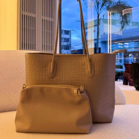 Piton - Bolsa Feminina Tote com Zíper Croco com Zíper Nude