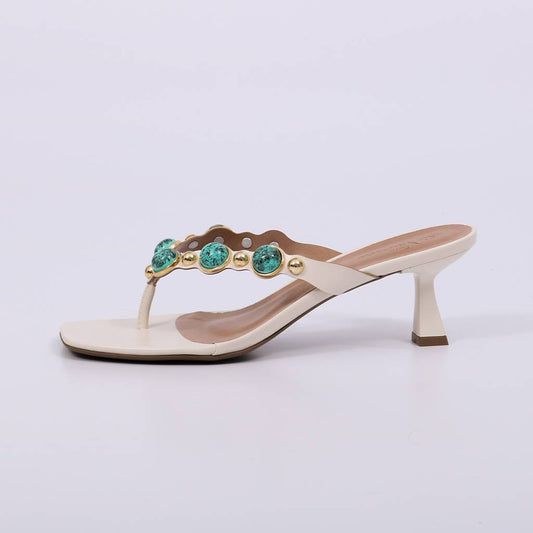 Nina - Tamanco Salto Alto Pedrarias Turquesa Off White