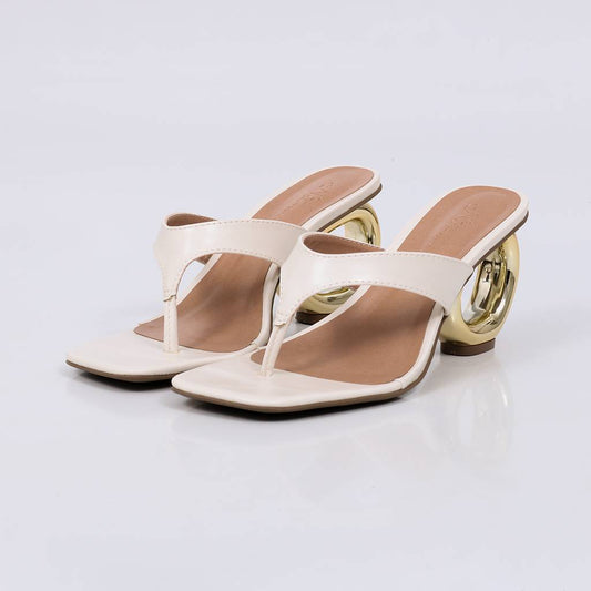 Lexa - Tamanco Feminino Salto Redondo Dourado Off-white