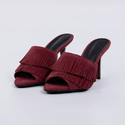 Belmonte - Tamanco Feminino Salto Alto Camurça Franjas Vermelha