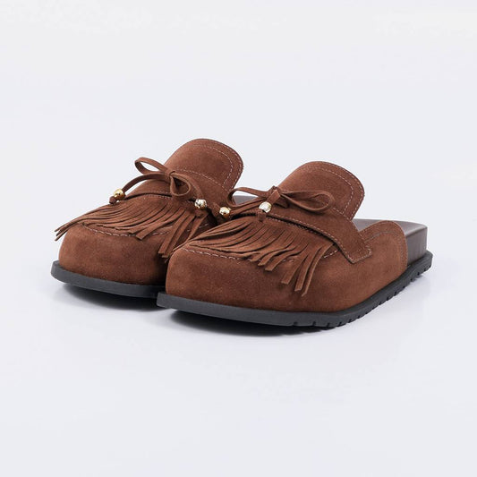 Dakar - Mule Feminino Anatômico Franja Laço Camurça Marrom