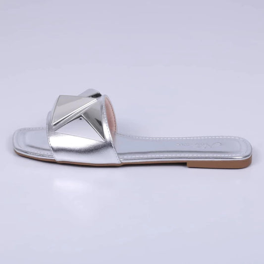 Veneza - Rasteira Feminina Bico Quadrado Aplicação Prata