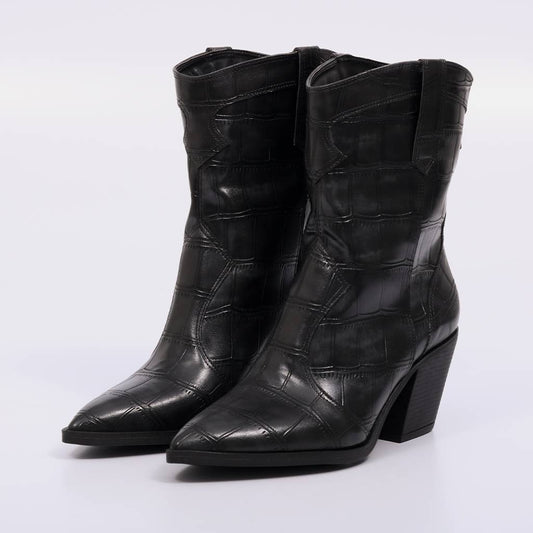 Piton - Bota Feminina Cano Médio Croco Bico Fino Salto Preto