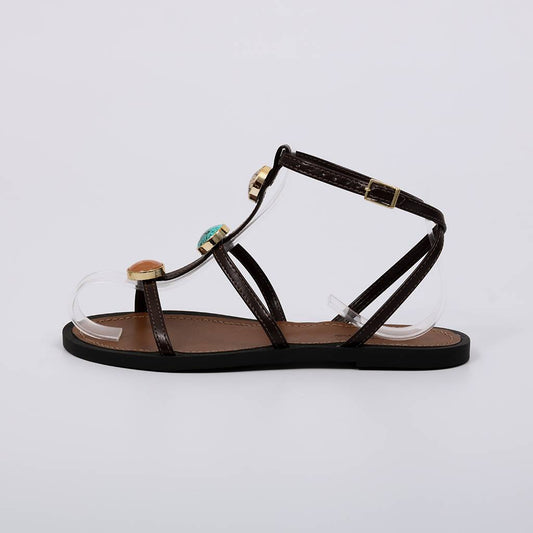 Beatrice - Sandália Feminina Rasteira Aplicações Pedras Marrom