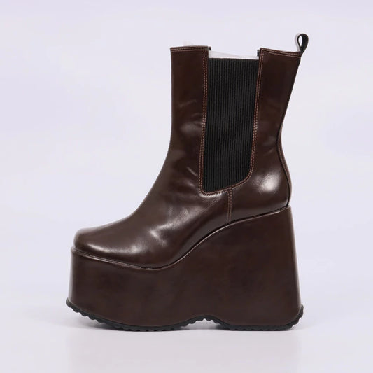 Paola - Bota Feminina Plataforma Anabela Elástico Marrom Escuro