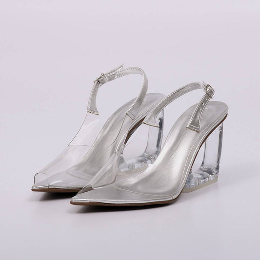 Margot - Mule Peep Toe Feminino Salto Transparente Vinil Prata