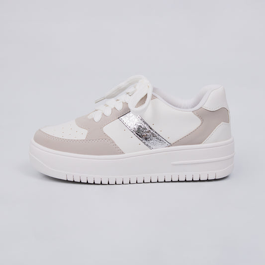 Eleven - Tênis Feminino Casual Brilho Plataforma Branco/Cinza