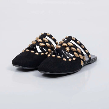 Nilo - Mule Feminina Rasteira Tachas Douradas Preto