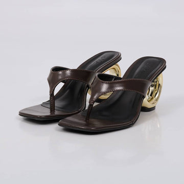 Lexa - Tamanco Feminino Salto Redondo Dourado Marrom