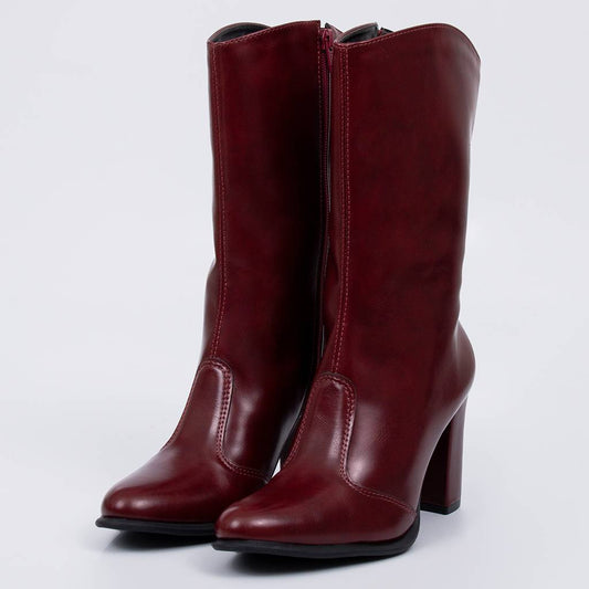 Coral - Bota Feminina Cano Médio Salto Bloco Bico Fino Bordo